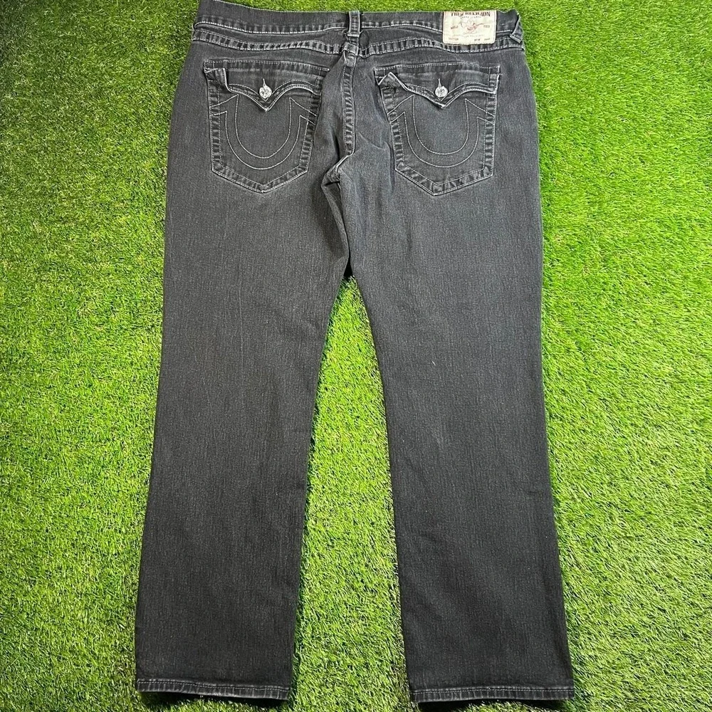 True Religion Ricky Mens 40 Relaxed Straight Black Jeans Horseshoe Flap Pockets
